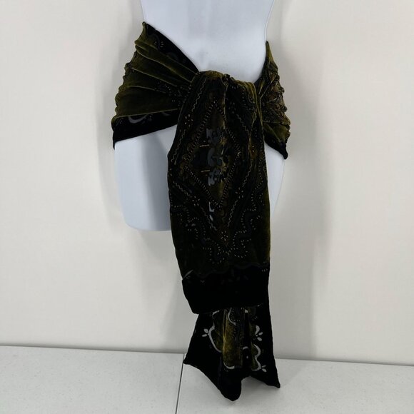 Black Green Velvet Burnout Shawl Devore Beaded Scarf Goth Boho Evening Wrap - Picture 7 of 8